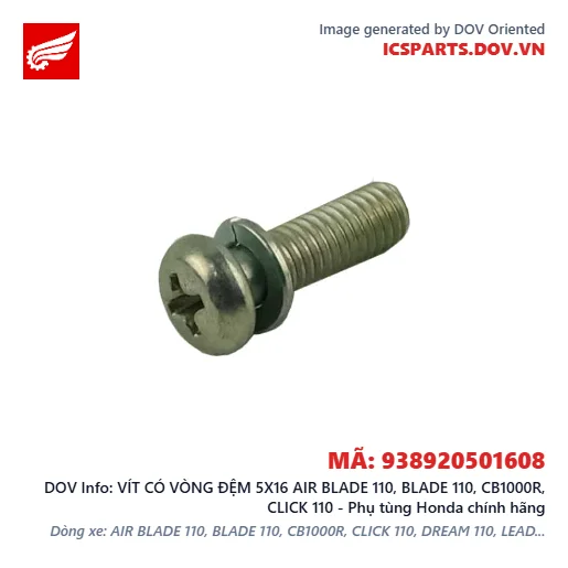 VÍT CÓ VÒNG ĐỆM 5X16 AIR BLADE 110, BLADE 110, CB1000R, CLICK 110 - Phụ tùng Honda chính hãng