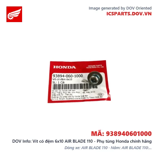 Vít có đệm 6x10 AIR BLADE 110 - Phụ tùng Honda chính hãng