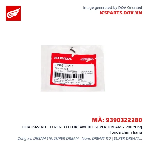 VÍT TỰ REN 3X11 DREAM 110, SUPER DREAM - Phụ tùng Honda chính hãng