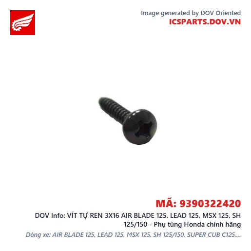 VÍT TỰ REN 3X16 AIR BLADE 125, LEAD 125, MSX 125, SH 125/150 - Phụ tùng Honda chính hãng