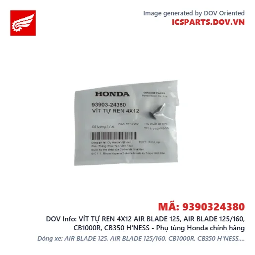 VÍT TỰ REN 4X12 AIR BLADE 125, AIR BLADE 125/160, CB1000R, CB350 H'NESS - Phụ tùng Honda chính hãng