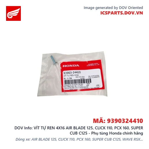 VÍT TỰ REN 4X16 AIR BLADE 125, CLICK 110, PCX 160, SUPER CUB C125 - Phụ tùng Honda chính hãng