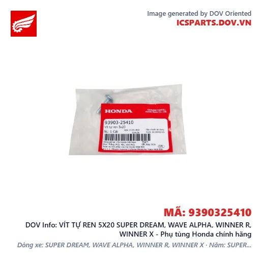 VÍT TỰ REN 5X20 SUPER DREAM, WAVE ALPHA, WINNER R, WINNER X - Phụ tùng Honda chính hãng