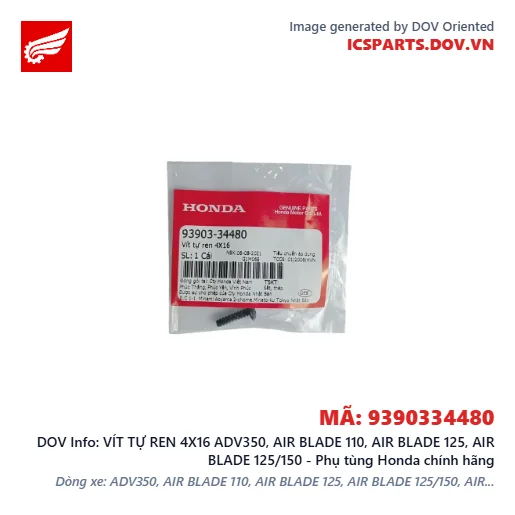 VÍT TỰ REN 4X16 ADV350, AIR BLADE 110, AIR BLADE 125, AIR BLADE 125/150 - Phụ tùng Honda chính hãng