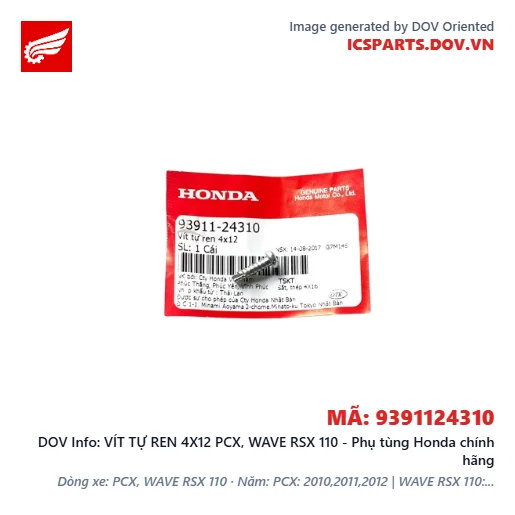 VÍT TỰ REN 4X12 PCX, WAVE RSX 110 - Phụ tùng Honda chính hãng
