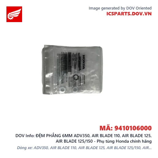 ĐỆM PHẲNG 6MM ADV350, AIR BLADE 110, AIR BLADE 125, AIR BLADE 125/150 - Phụ tùng Honda chính hãng
