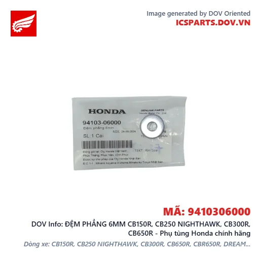 ĐỆM PHẲNG 6MM CB150R, CB250 NIGHTHAWK, CB300R, CB650R - Phụ tùng Honda chính hãng