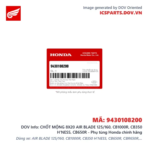 CHỐT MỘNG 8X20 AIR BLADE 125/160, CB1000R, CB350 H'NESS, CB650R - Phụ tùng Honda chính hãng