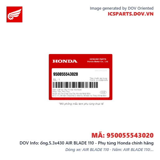 ống,5.3x430 AIR BLADE 110 - Phụ tùng Honda chính hãng