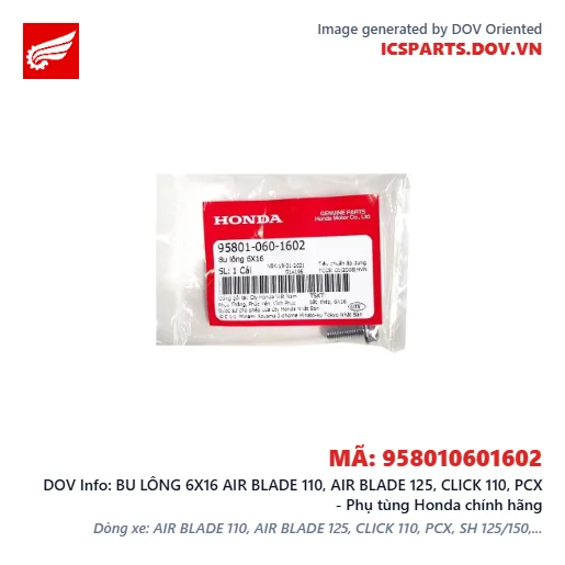 BU LÔNG 6X16 AIR BLADE 110, AIR BLADE 125, CLICK 110, PCX - Phụ tùng Honda chính hãng