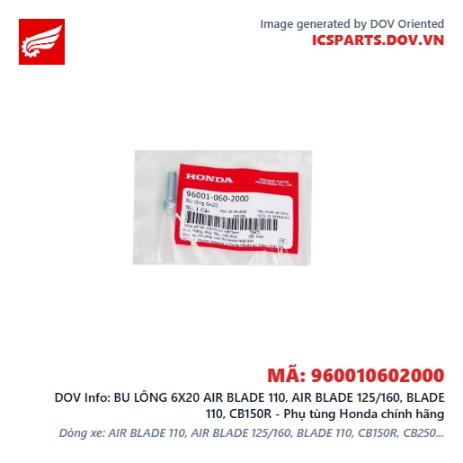 BU LÔNG 6X20 AIR BLADE 110, AIR BLADE 125/160, BLADE 110, CB150R - Phụ tùng Honda chính hãng
