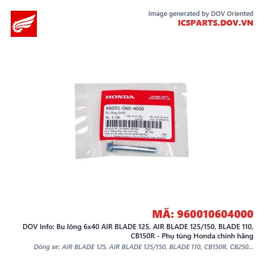 Bu lông 6x40 AIR BLADE 125, AIR BLADE 125/150, BLADE 110, CB150R - Phụ tùng Honda chính hãng