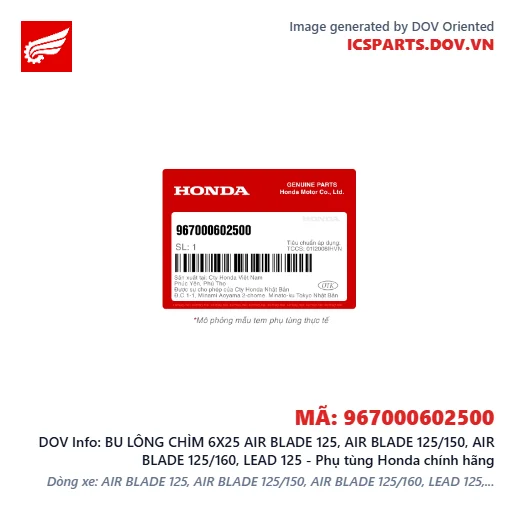 BU LÔNG CHÌM 6X25 AIR BLADE 125, AIR BLADE 125/150, AIR BLADE 125/160, LEAD 125 - Phụ tùng Honda chính hãng