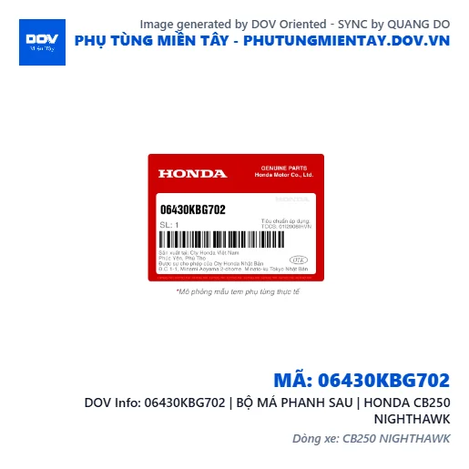 06430KBG702 | BỘ MÁ PHANH SAU | HONDA CB250 NIGHTHAWK — 06430KBG702