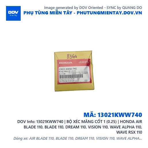 13021KWW740 | BỘ XÉC MĂNG CỐT 1 (0.25) | HONDA AIR BLADE 110, BLADE 110, DREAM 110, VISION 110, WAVE ALPHA 110, WAVE RSX 110 — 13021KWW740