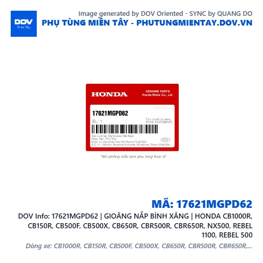 17621MGPD62 | GIOĂNG NẮP BÌNH XĂNG | HONDA CB1000R, CB150R, CB500F, CB500X, CB650R, CBR500R, CBR650R, NX500, REBEL 1100, REBEL 500 — 17621MGPD62