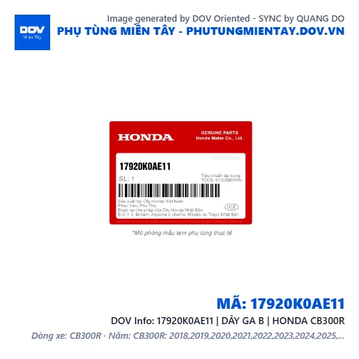 17920K0AE11 | DÂY GA B | HONDA CB300R — 17920K0AE11