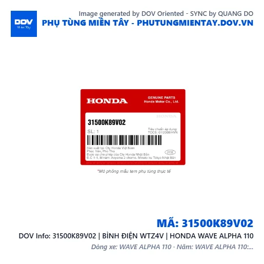 31500K89V02 | BÌNH ĐIỆN WTZ4V | HONDA WAVE ALPHA 110 — 31500K89V02
