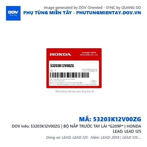 53203K12V00ZG | BỘ NẮP TRƯỚC TAY LÁI *G209P* | HONDA LEAD, LEAD 125 — 53203K12V00ZG