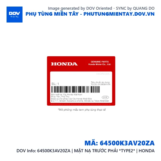 64500K3AV20ZA | MẶT NẠ TRƯỚC PHẢI *TYPE2* | HONDA  — 64500K3AV20ZA