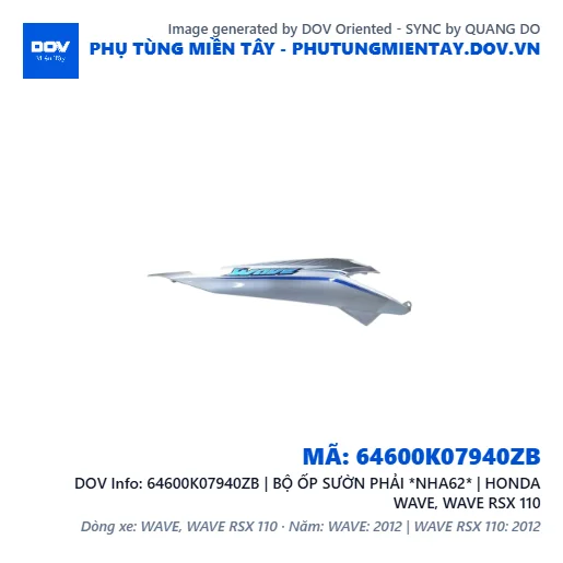 64600K07940ZB | BỘ ỐP SƯỜN PHẢI *NHA62* | HONDA WAVE, WAVE RSX 110 — 64600K07940ZB