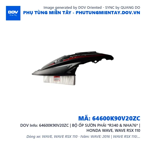 64600K90V20ZC | BỘ ỐP SƯỜN PHẢI *R340 & NHA76* | HONDA WAVE, WAVE RSX 110 — 64600K90V20ZC