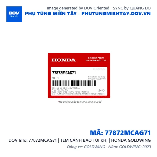 77872MCAG71 | TEM CẢNH BÁO TÚI KHÍ | HONDA GOLDWING — 77872MCAG71