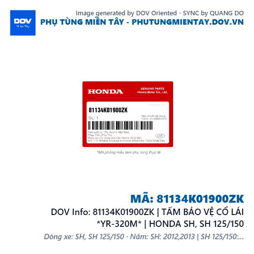 81134K01900ZK | TẤM BẢO VỆ CỔ LÁI *YR-320M* | HONDA SH, SH 125/150 — 81134K01900ZK