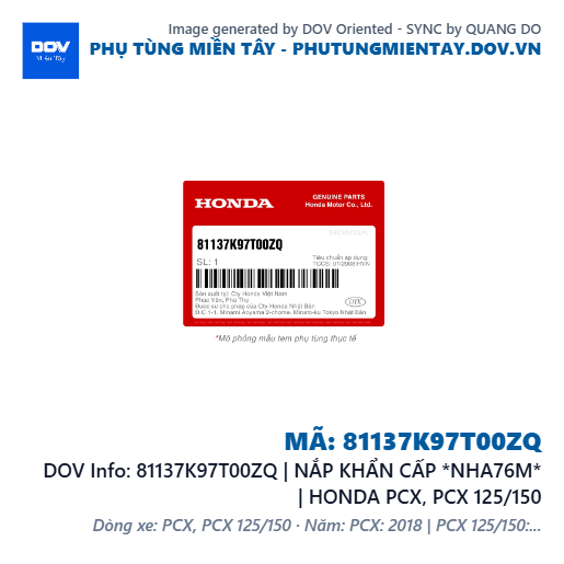 81137K97T00ZQ | NẮP KHẨN CẤP *NHA76M* | HONDA PCX, PCX 125/150 — 81137K97T00ZQ
