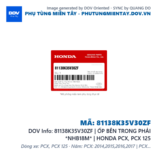 81138K35V30ZF | ỐP BÊN TRONG PHẢI *NHB18M* | HONDA PCX, PCX 125 — 81138K35V30ZF