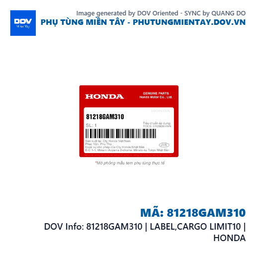 81218GAM310 | LABEL,CARGO LIMIT10 | HONDA  — 81218GAM310