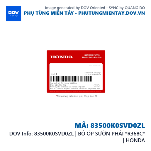 83500K0SVD0ZL | BỘ ỐP SƯỜN PHẢI *R368C* | HONDA  — 83500K0SVD0ZL