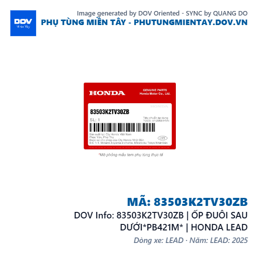 83503K2TV30ZB | ỐP ĐUÔI SAU DƯỚI*PB421M* | HONDA LEAD — 83503K2TV30ZB