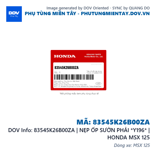 83545K26B00ZA | NẸP ỐP SƯỜN PHẢI *Y196* | HONDA MSX 125 — 83545K26B00ZA