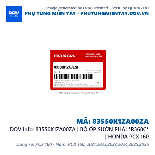 83550K1ZA00ZA | BỘ ỐP SƯỜN PHẢI *R368C* | HONDA PCX 160 — 83550K1ZA00ZA