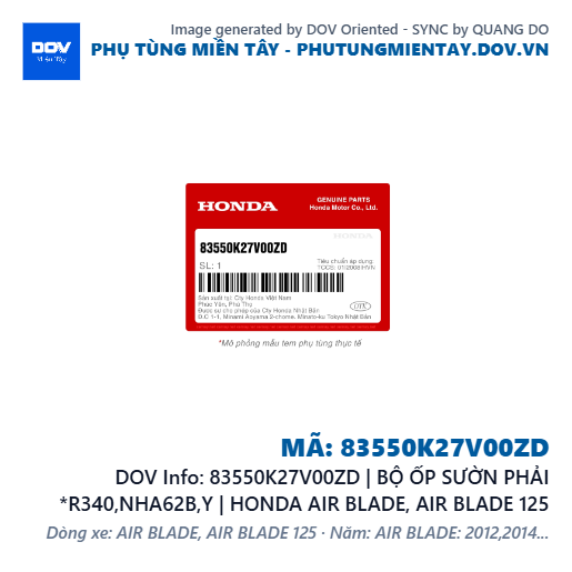 83550K27V00ZD | BỘ ỐP SƯỜN PHẢI *R340,NHA62B,Y | HONDA AIR BLADE, AIR BLADE 125 — 83550K27V00ZD