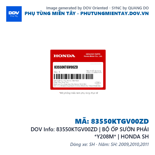83550KTGV00ZD | BỘ ỐP SƯỜN PHẢI *Y208M* | HONDA SH — 83550KTGV00ZD
