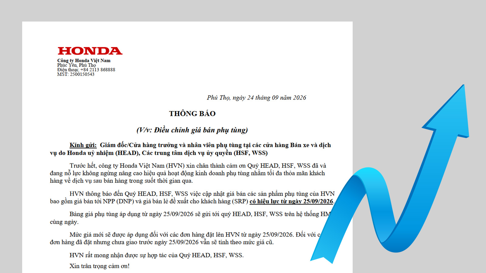 Thông báo tăng giá bán phụ tùng Honda chính hãng (25/09/2026)